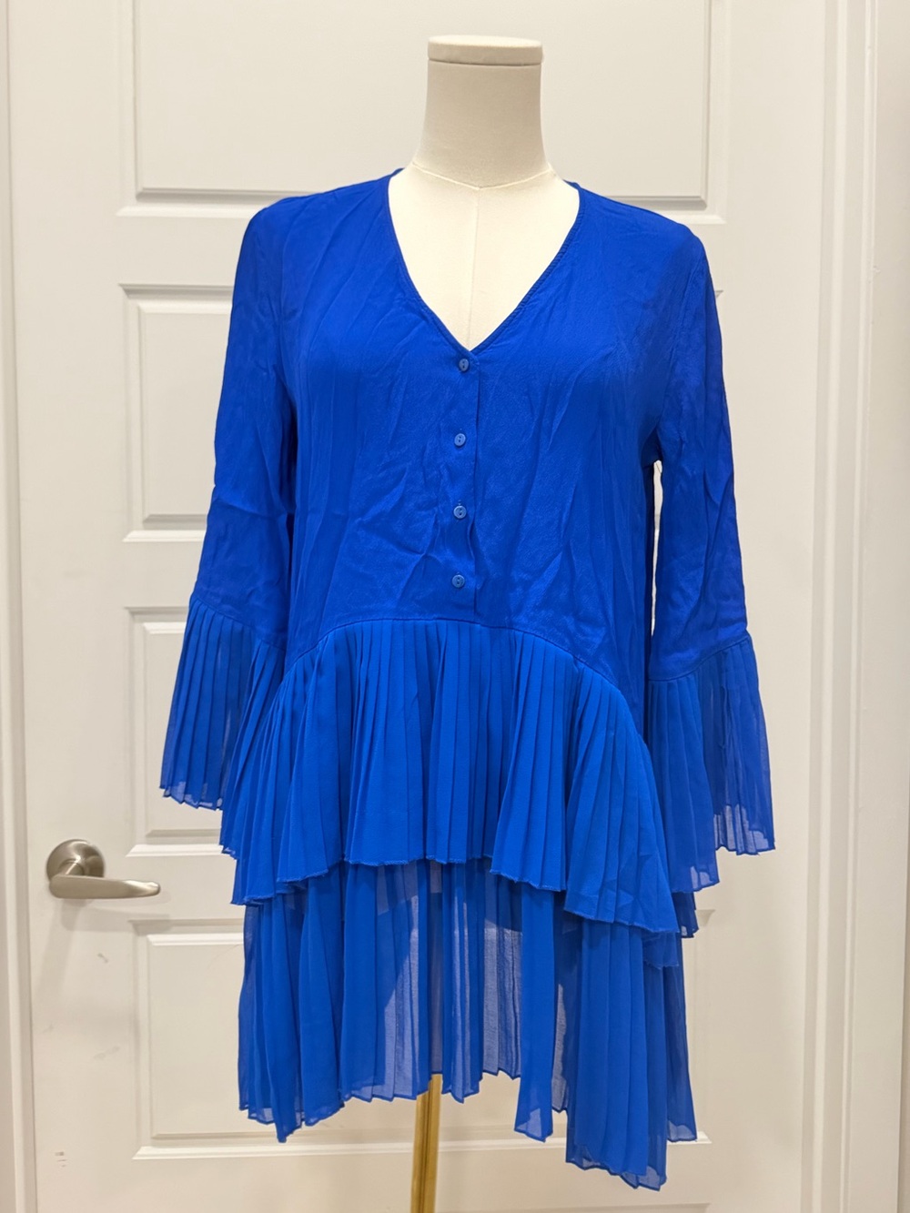 Zara Cobalt Blue Pleated V-Neck Mini Dress - Picture 2 of 7